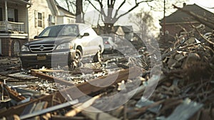 Splintered wood and shattered windows litter the ground as a tornado rages through a once orderly community