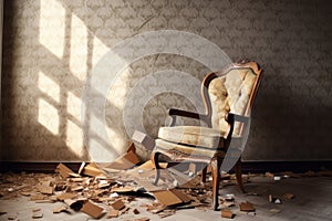 a splintered wooden chair in a room full of elegant furniture