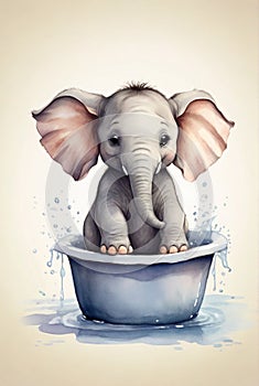 Splish-Splash: Hand-Drawn Baby Elephant Bath Time in small Tub