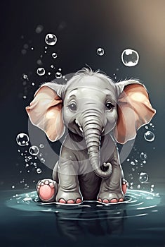 Splish-Splash: Hand-Drawn Baby Elephant Bathing in Puddle