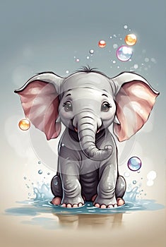 Splish-Splash: Hand-Drawn Baby Elephant Bathing in Puddle with Light background