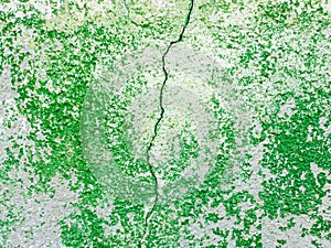 Split abstract surface cracked in the middle as green paint peeling off a concrete wall background. Old grungy, weathered painted
