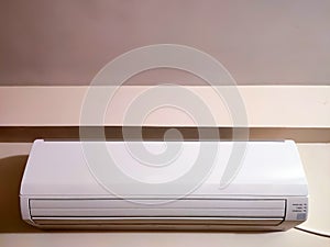 Split air conditioner on a white wall. Closeup image