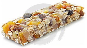 Split chewy granola bar showcasing hearty oats, nuts, and sweet dried fruits in close up view