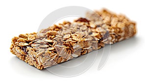 Split chewy granola bar showcasing hearty oats, nuts, and sweetened dried fruits in close up view