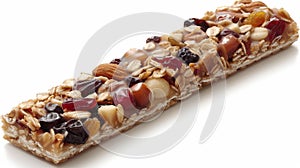 Split chewy granola bar showcasing hearty oats, nuts, and sweetened dried fruits in close up view