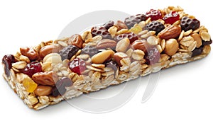 Split chewy granola bar showcasing wholesome oats, nuts, and sweet dried fruits in close up