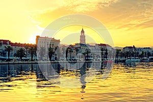 Split city view at golden hour from the side of sea - Dalmatia, Croatia