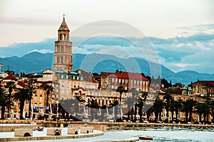 Split, Croatia. Adriatic shore with Diocletian Palace in the evening