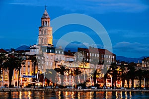 Split, Croatia. Adriatic shore with Diocletian Palace at night