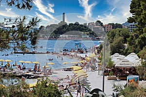 Split Croatia July 2019 Popular beach in Split filled with tourists, Bacvice and Ovcice beaches overcrowded with people enjoying