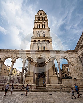 Split, Croatia - Jun 22, 2020: Diocletian palace ruins and cathedral bell tower, Split, Croatia