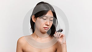 Split ends. Disappointed asian lady looking at her dry damaged hair, posing over white studio background, panorama