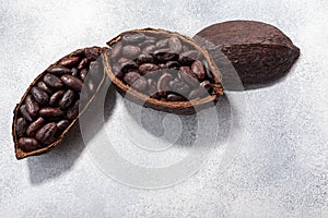 Split fermented cocoa pod with shelled cacao beans atop light grey backdrop, top view,  copy space