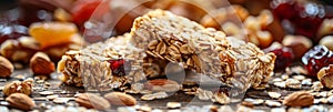 Split granola bar close up with oats, nuts, and dried fruits showcasing wholesome ingredients