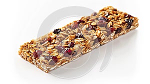 Split granola bar nutty oats, crunchy nuts, and sweet dried fruits revealed in close up view