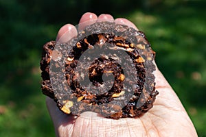 Split in Half Big Levain Bakery Chocolate Chip Rocky Road Cookie Held by a Hand in New York City