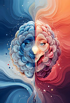 Split Human Brain With Face And Lightbulb Representing Logic Creativity And Innovation