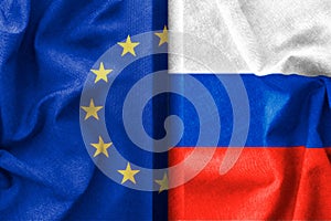 Split illustration of European Union and Russia flags depicting the conflict between countries