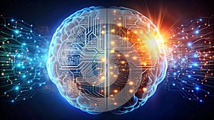 A split image showing half a human brain and half a digital, AI-powered brain made of circuitry photo