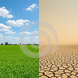 Green Field vs Dry Desert Climate Change Comparison photo