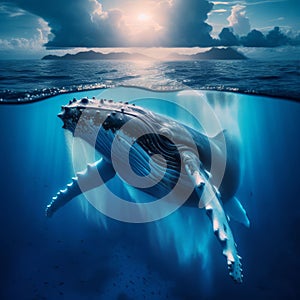 Humpback whale breaches the surface of the deep blue ocean