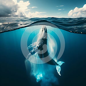 Humpback whale breaches the surface of the deep blue ocean