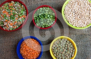 Split peas and lentils in bowls