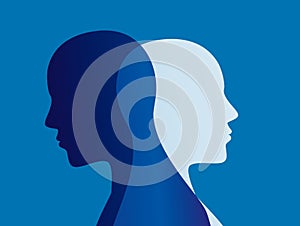 Split personality. Bipolar disorder mind mental. Mood disorder. Dual personality concept. Blue background photo
