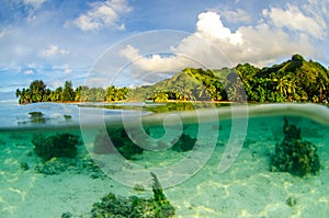 A split photography of Moorea island in Tahiti French Polynesia