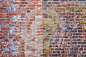 Split red brick wall with white paint flecks on left, owl mural on right, background asset