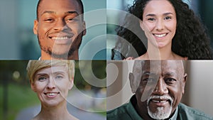 Split screen collage close-up portraits diverse multiethnic people different ages group happy men women pleased