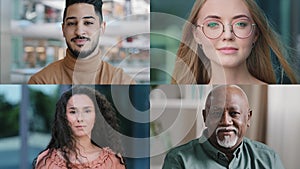 Split screen collage portrait confident happy diverse different people multiracial african american caucasian arabian