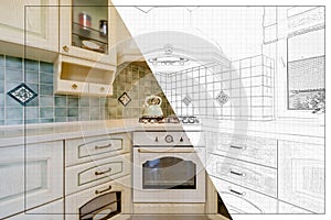 split screen of drawing and photo of interior of modern kitchen in flat apartment from idea to implementation of the finished prod