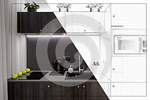 split screen of drawing and photo of interior of modern kitchen in flat apartment from idea to implementation of the finished prod