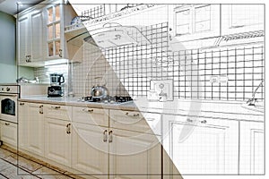 split screen of drawing and photo of interior of modern kitchen in flat apartment from idea to implementation of the finished prod