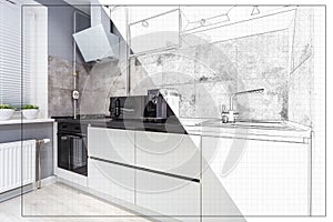 split screen of drawing and photo of interior of modern kitchen in flat apartment from idea to implementation of the finished prod