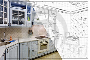 split screen of drawing and photo of interior of modern kitchen in flat apartment from idea to implementation of the finished prod