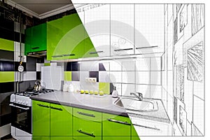 split screen of drawing and photo of interior of modern kitchen in flat apartment from idea to implementation of the finished prod