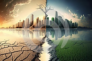 Split screen of drought land and green city. Ecology problem, global warming and environment concept