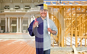 Split Screen Male Hispanic Graduate In Cap and Gown to Engineer in Hard Hat Concept