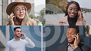 Split screen shot of adult multi-ethnic men and women business people talk on cellphone outdoors. Businessman