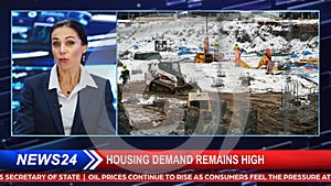 Split Screen TV News Live Report: Anchor Talks. Reportage Edit: Real-Estate Development, New