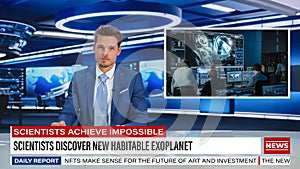 Split Screen TV News Live Report: Anchorman Talks. Reportage Montage: Astronaut On Space Mission