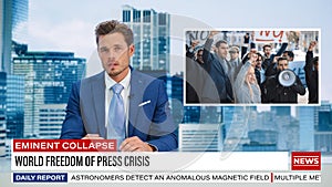 Split Screen TV News Live Report: Anchorman Talks. Reportage Montage: Male Newscaster Covers A Story