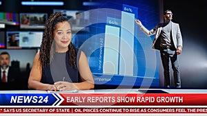 Split Screen TV News Live Report: Anchorwoman Talks. Reportage Edit: Press Conference Presentation