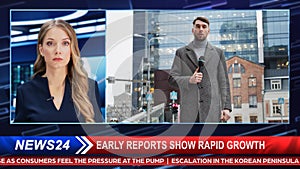 Split Screen TV News Live Report: Anchorwoman Talks. Reporter Doing Segment with Microphone Real