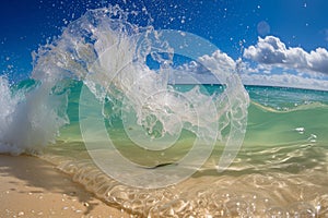 split shot from the beach, wave breaking, fish dodging below