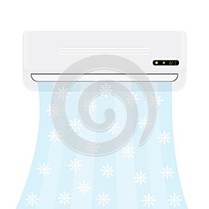 Split system air conditioner. Realistic conditioner with cold air with snowflakes. Vector illustration isolated on white