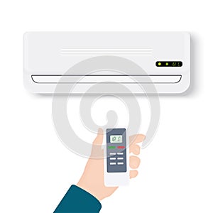 Split system air conditioner.Realistic conditioner with hand holding remote control. Vector illustration isolated on